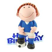 Blue Footballer Resin Cake Topper &amp; Blue Happy Birthday Motto
