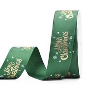 Green with Gold Foil Merry Christmas 25mm Ribbon per Metre image