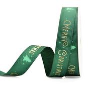Green with Gold Merry Christmas 16mm  Ribbon per Metre image