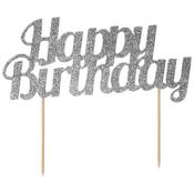Silver Glitter Happy Birthday Cake Topper image