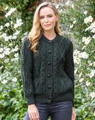 100% Wool Irish Aran Cardigan - Army - XXL