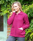 Irish Aran Zip with Collar Raspberry - S / Raspberry