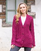 Ladies Aran Boyfriend Cardigan Raspberry - Raspberry / L
