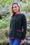 100% Donegal Wool Ladies Contrast Cardigan Army Green - XS image