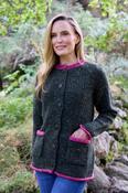 100% Donegal Wool Ladies Contrast Cardigan Army Green - XL