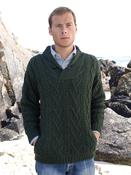 Mens Aran Shawl Neck Sweater Green - S image