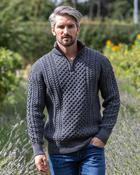 Aran Half Zip Sweater - 2507 Slate with wine collar - S image