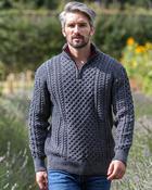 Aran Half Zip Sweater - 2507 Slate with wine collar - L image
