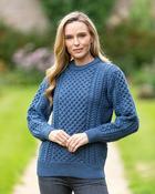 Unisex Merino Wool Aran Sweater - Sea Melange - Blue / L image