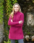 Full Zip Long Aran Cardigan Raspberry - AQUA / LARGE