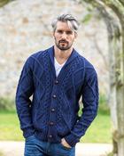 Men's V Neck Aran Cardigan Deep Water Blue - M