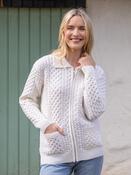 Irish Aran Zip Cardigan with Collar - Natural - S