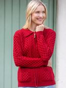Irish Aran Zip Cardigan with Collar - Red - XXL