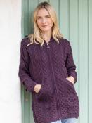 Irish Aran Hooded Coat Damson - L