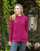 Irish Aran Cardigan Raspberry Marl - S