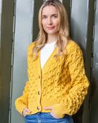 100% Merino Wool Cropped Aran Cardigan - Yellow - L