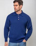 Extra Fine Merino Wool Button Neck Sweater - Dark Blue - L