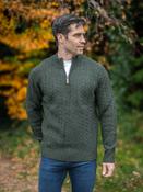 100% Lambswool Cable Knit Half Zip Green Marl - Green / S