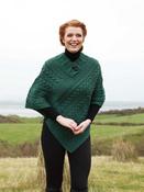 One Size Cable Knit Poncho with Buttons Green Marl