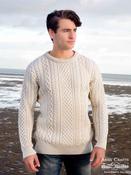 Pure Wool Cable Knit Mens Crew Neck Sweater - Natural / M