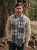 100% Cashmere Scarf Unisex Grey Blue Tartan - Blue / One Size