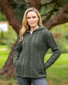 Ladies Aran Hooded Cardigan With Claddagh Zip E1725 - Army Green / M