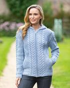 Ladies Aran Hooded Cardigan With Claddagh Zip E1725 - Sky / S