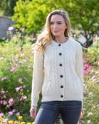 100% Wool Cable Knit Aran Cardigan - Natural - XS