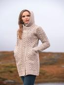 Hooded Merino Wool Coat with Zip Oatmeal - Oatmeal Mix / L