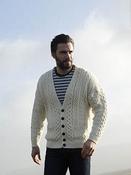 Mens V Neck Aran Cardigan Natural