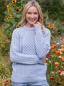 Ladies Merino Wool Fitted Aran Sweater Sky Blue - XS image