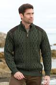 Aran Half Zip Tweed Shoulder Patches Army - M