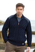Aran Half Zip Tweed Shoulder Patches Navy - XXL