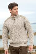 Aran Half Zip Tweed Shoulder Patches Oatmeal - M