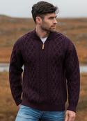 Men's Merino Wool Half Zip Aran Sweater Damson - XXL image