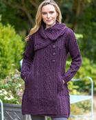 Merino Wool Aran Coatigan Damson - XS