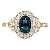 9ct Yellow Gold Earth Grown 1.183ct London Blue Topaz And Diamond Halo Ring