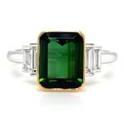 18ct White Gold Earth Grown Emerald Cut Green Tourmaline and Diamond Side Stone Ring