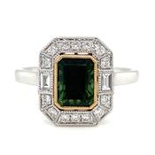 18ct White Gold Earth Grown 0.91ct Emerald Cut Green Tourmaline &amp; Diamond Vintage Style Ring image