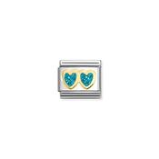 CHARM, COMPOSABLE LINK, DOUBLE HEART, TURQUOISE GLITTER