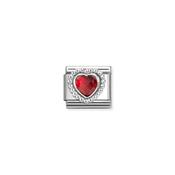 Composable CL FACETED STONES, steel with 925 sterling silver HEART with DOTS RICH SETTING Red