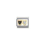 CHARM, COMPOSABLE LINK, DOUBLE HEART, BLACK &amp; SILVER GLITTER