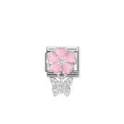 Composable Classic CHARMS steel, 925 sterling silver, enamel and cz Pink flower with butterfly