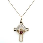Vintage 9ct Yellow Gold Garnet And Diamond Claddagh Cross Pendant image
