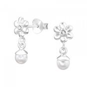 Childrens Sterling Silver Flower And Pearl Drop Earrings