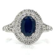 9ct White Gold Earth Grown 1ct Oval Sapphire With Double Diamond Halo Ring image