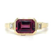 9ct Yellow Gold Earth Grown Horizontal Emerald Cut Rhodolite Garnet And Diamond Ring image