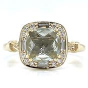 9ct Yellow Gold Earth Grown 1.40ct Cushion Cut Green Amethyst with Baguette and Round Brilliant Diamonds Vintage Style Halo Ring image