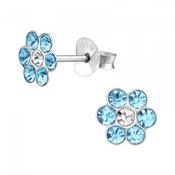 Children's Sterling Silver Flower Ear Studs with Aqua and White Crystal