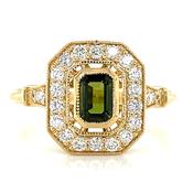 18ct Yellow Gold Emerald Cut Green Tourmaline &amp; Diamond Vintage style Ring
